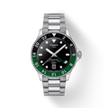 RELOJ TISSOT SEASTAR 1000, CUARZO, ESFERA NEGRA, BRAZALETE DE ACERO, GMT, 40 MM