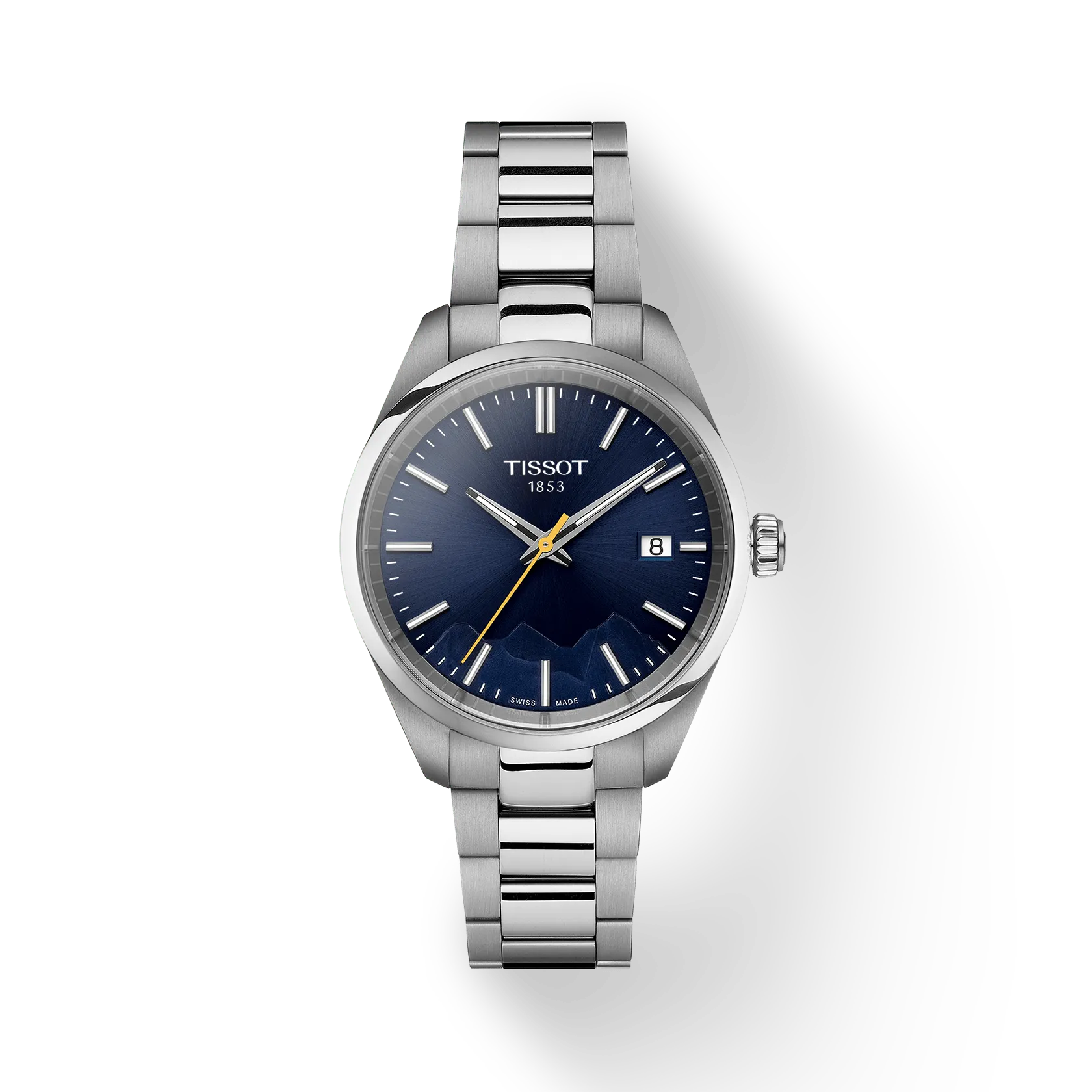 RELOJ TISSOT PR 100 JUNGFRAUBAHN, CUARZO, ESFERA AZUL, BRAZALETE DE ACERO, FECHA, 34 MM