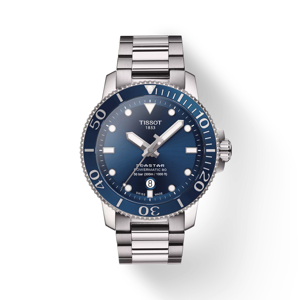 RELOJ TISSOT SEASTAR 1000, AUTOMCÁTICO, ESFERA AZUL, BRAZALETE DE ACERO, FECHA, 43 MM