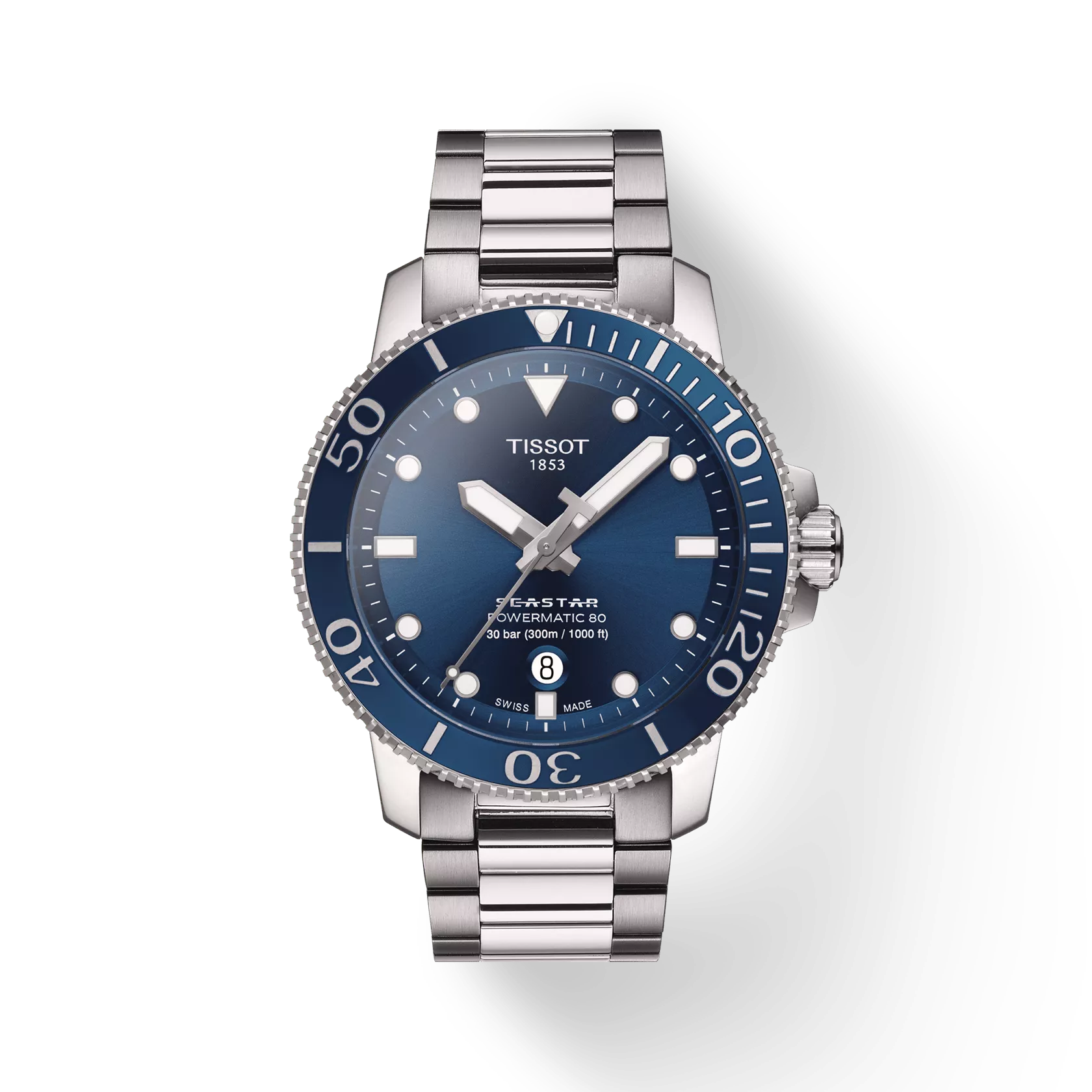 RELOJ TISSOT SEASTAR 1000, AUTOMCÁTICO, ESFERA AZUL, BRAZALETE DE ACERO, FECHA, 43 MM