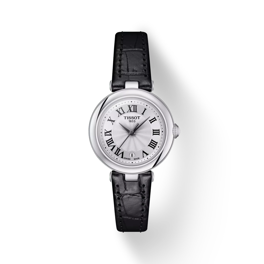 RELOJ TISSOT BELLISSIMA, CUARZO, ESFERA BLANCA, FAJA DE CUERO NEGRA, FECHA, 26 MM