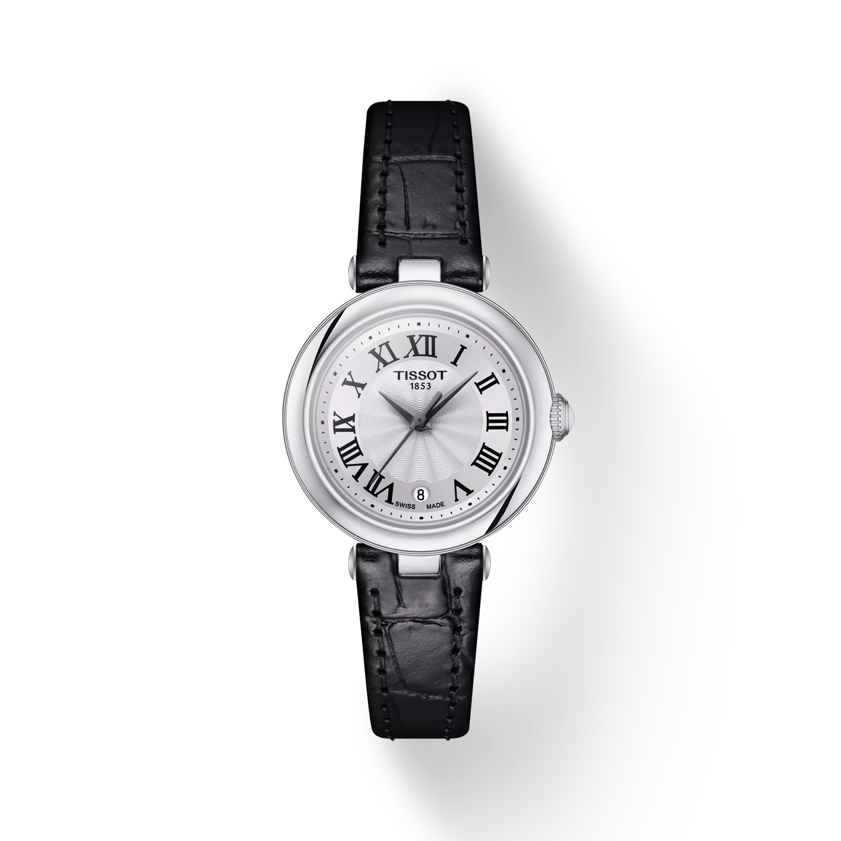 RELOJ TISSOT BELLISSIMA, CUARZO, ESFERA BLANCA, FAJA DE CUERO NEGRA, FECHA, 26 MM