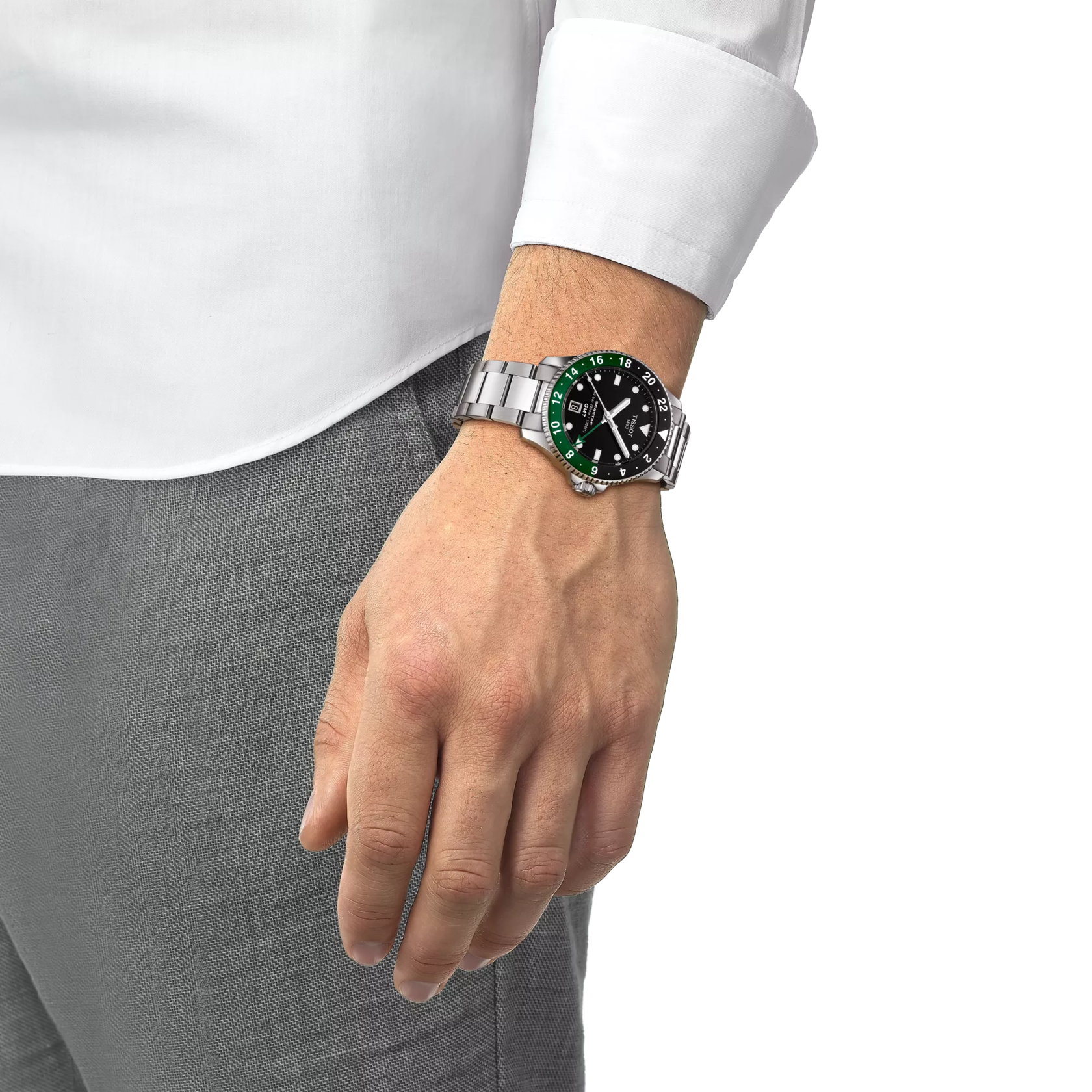 RELOJ TISSOT SEASTAR 1000, CUARZO, ESFERA NEGRA, BRAZALETE DE ACERO, GMT, 40 MM