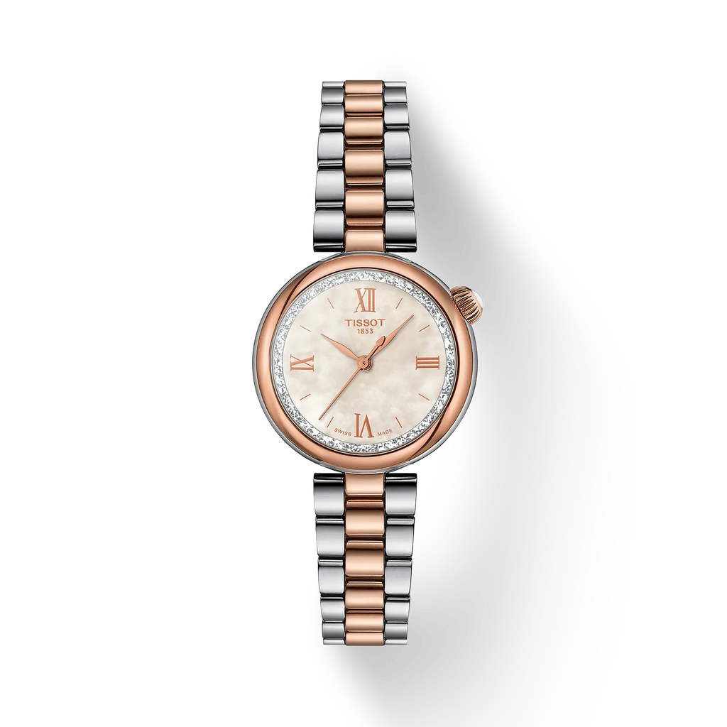 RELOJ TISSOT DESIR, CUARZO, ESFERA DE MADRE PERLA, BRAZALETE DE ACERO BICOLOR TONO ROSA, 28 MM
