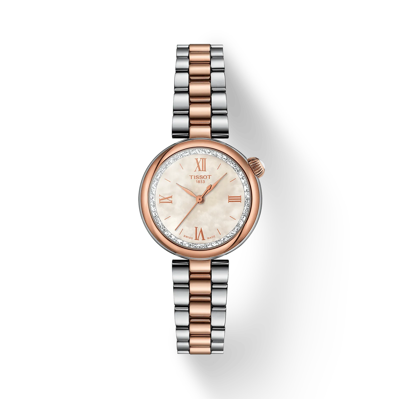 RELOJ TISSOT DESIR, CUARZO, ESFERA DE MADRE PERLA, BRAZALETE DE ACERO BICOLOR TONO ROSA, 28 MM