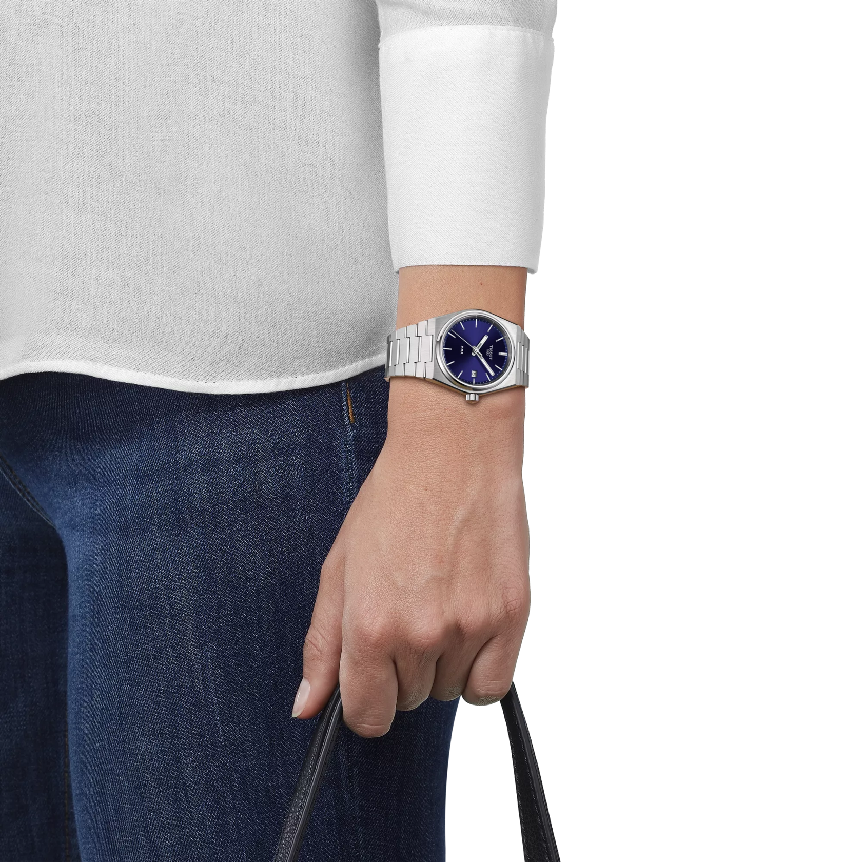 RELOJ TISSOT PRX, CUARZO, ESFERA AZUL, BRAZALETE DE ACERO, FECHA, 35 MM