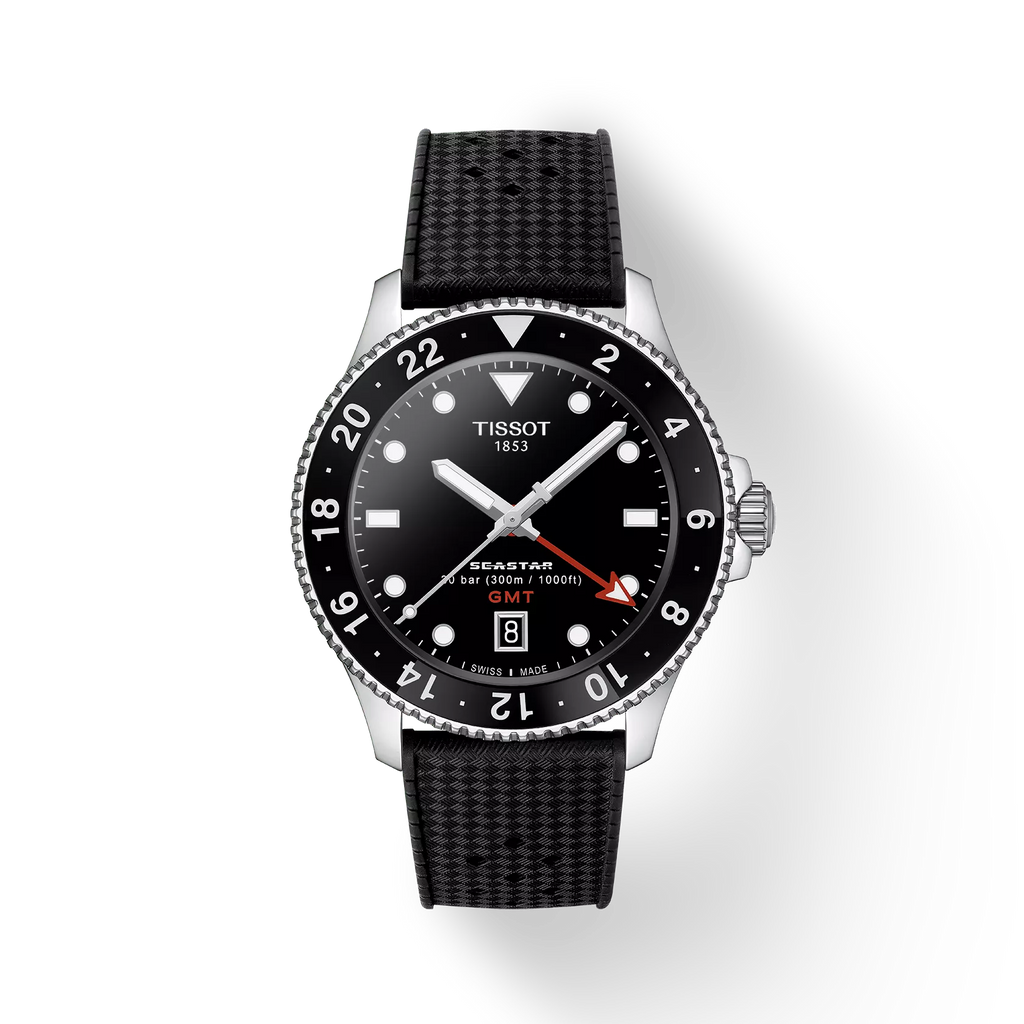 RELOJ TISSOT SEASTAR 1000, CUARZO, ESFERA NEGRA, FAJA DE CAUCHO NEGRA, GMT, 40 MM