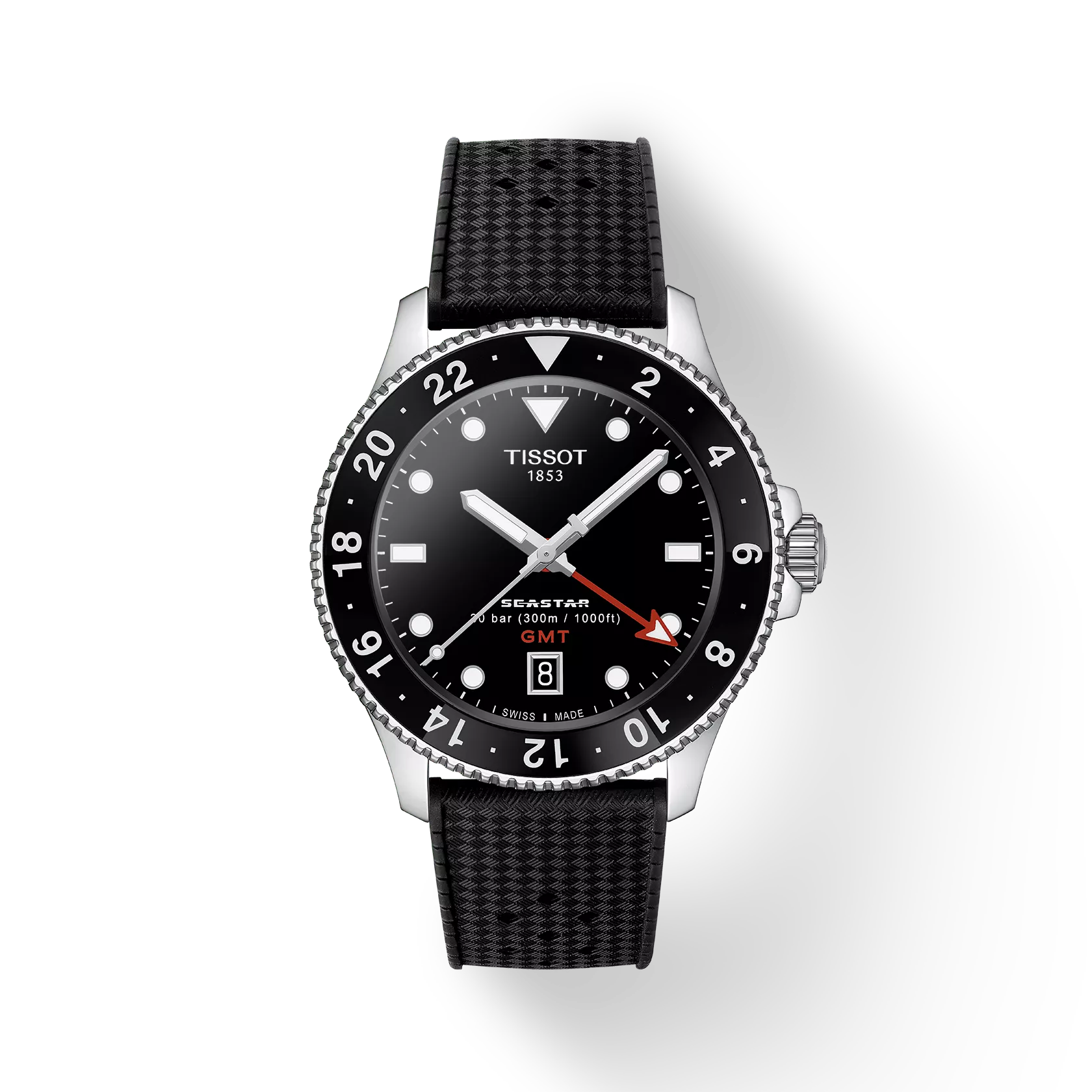 RELOJ TISSOT SEASTAR 1000, CUARZO, ESFERA NEGRA, FAJA DE CAUCHO NEGRA, GMT, 40 MM