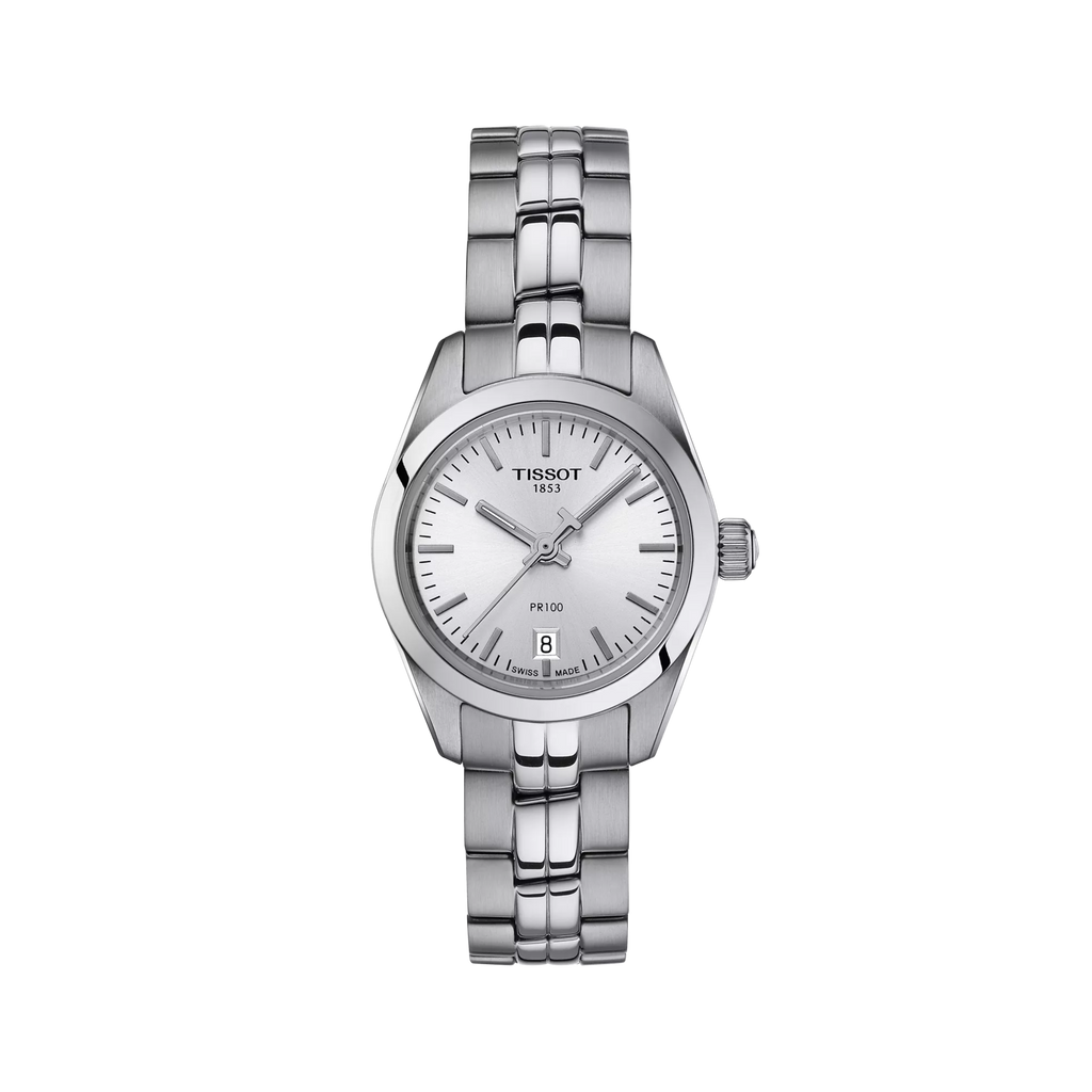 RELOJ TISSOT PR 100, CUARZO, ESFERA GRIS, BRAZALETE DE ACERO, FECHA, 25 MM