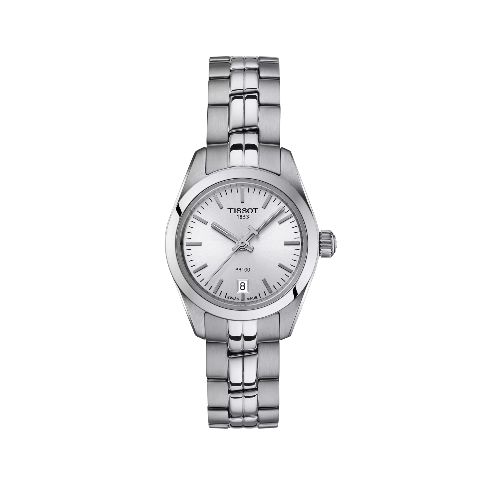 RELOJ TISSOT PR 100, CUARZO, ESFERA GRIS, BRAZALETE DE ACERO, FECHA, 25 MM