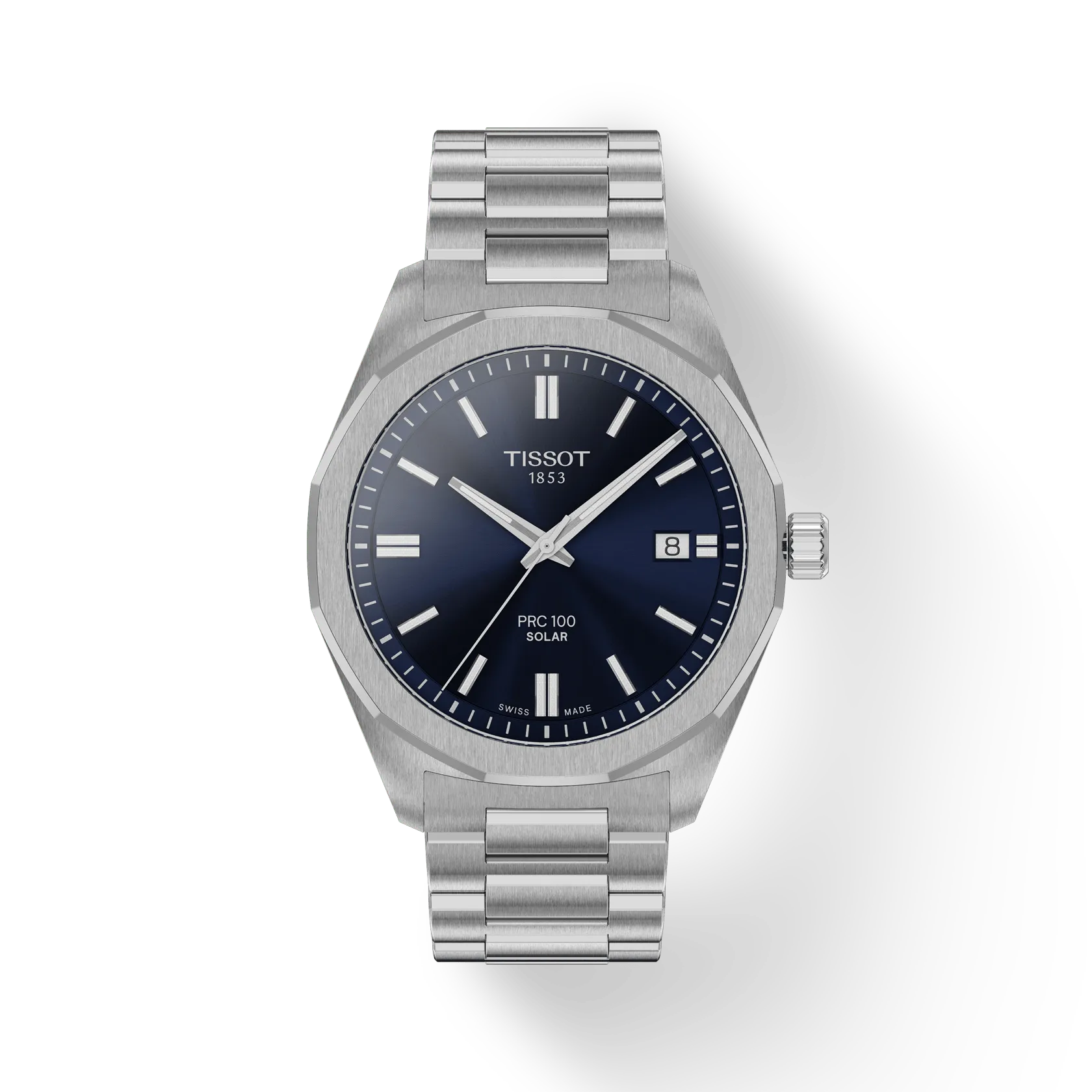 RELOJ TISSOT PR100 SOLAR, ESFERA AZUL, BRAZALETE DE ACERO, FECHA, 39 MM