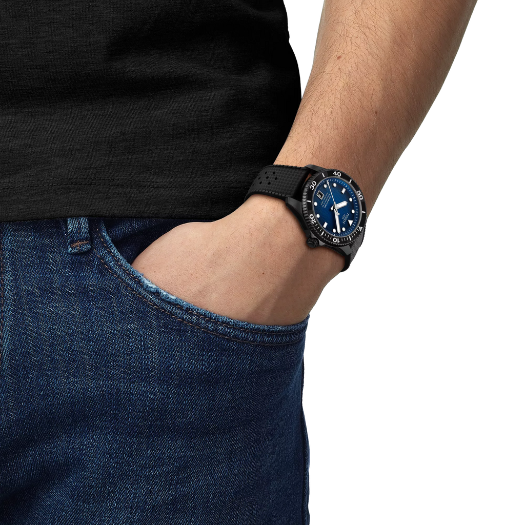 RELOJ TISSOT SEASTAR 1000, AUTOMCÁTICO, ESFERA AZUL, FAJA DE CAUCHO NEGRO, FECHA, 40 MM