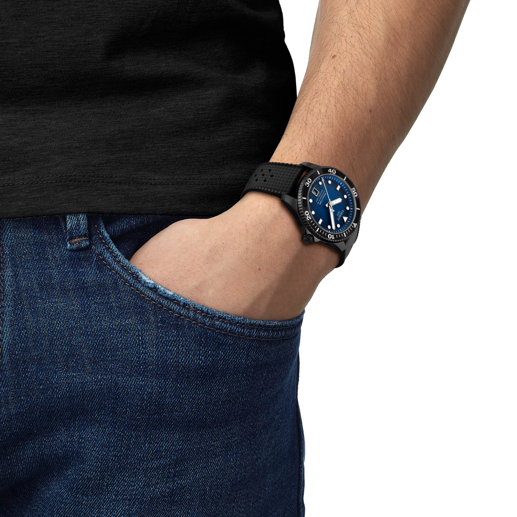 RELOJ TISSOT SEASTAR 1000, AUTOMCÁTICO, ESFERA AZUL, FAJA DE CAUCHO NEGRO, FECHA, 40 MM