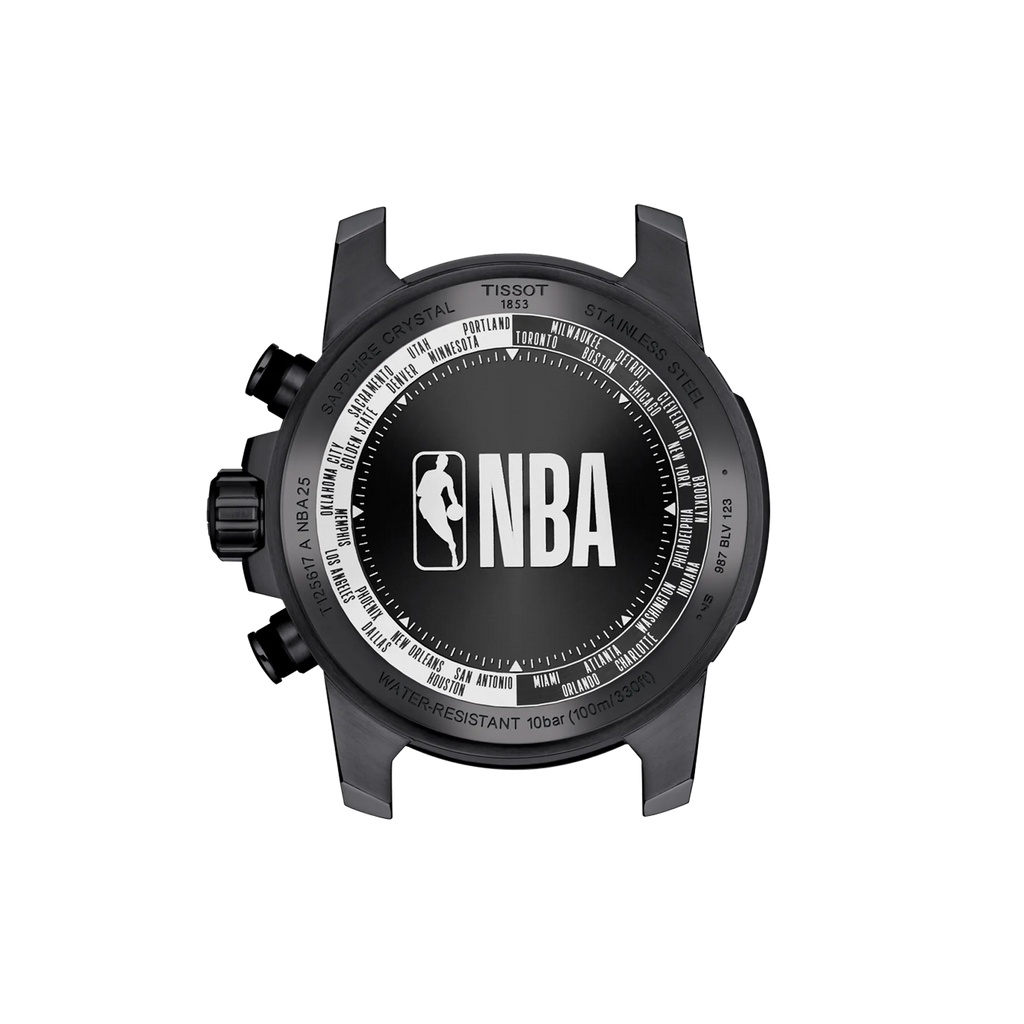 RELOJ TISSOT SUPERSPORT NBA EDICICÓN ESPECIAL, CUARZO, ESFERA NEGRA, BRAZALETE DE CUERO NEGRO, CRONCÓGRAFO, 45.5 MM