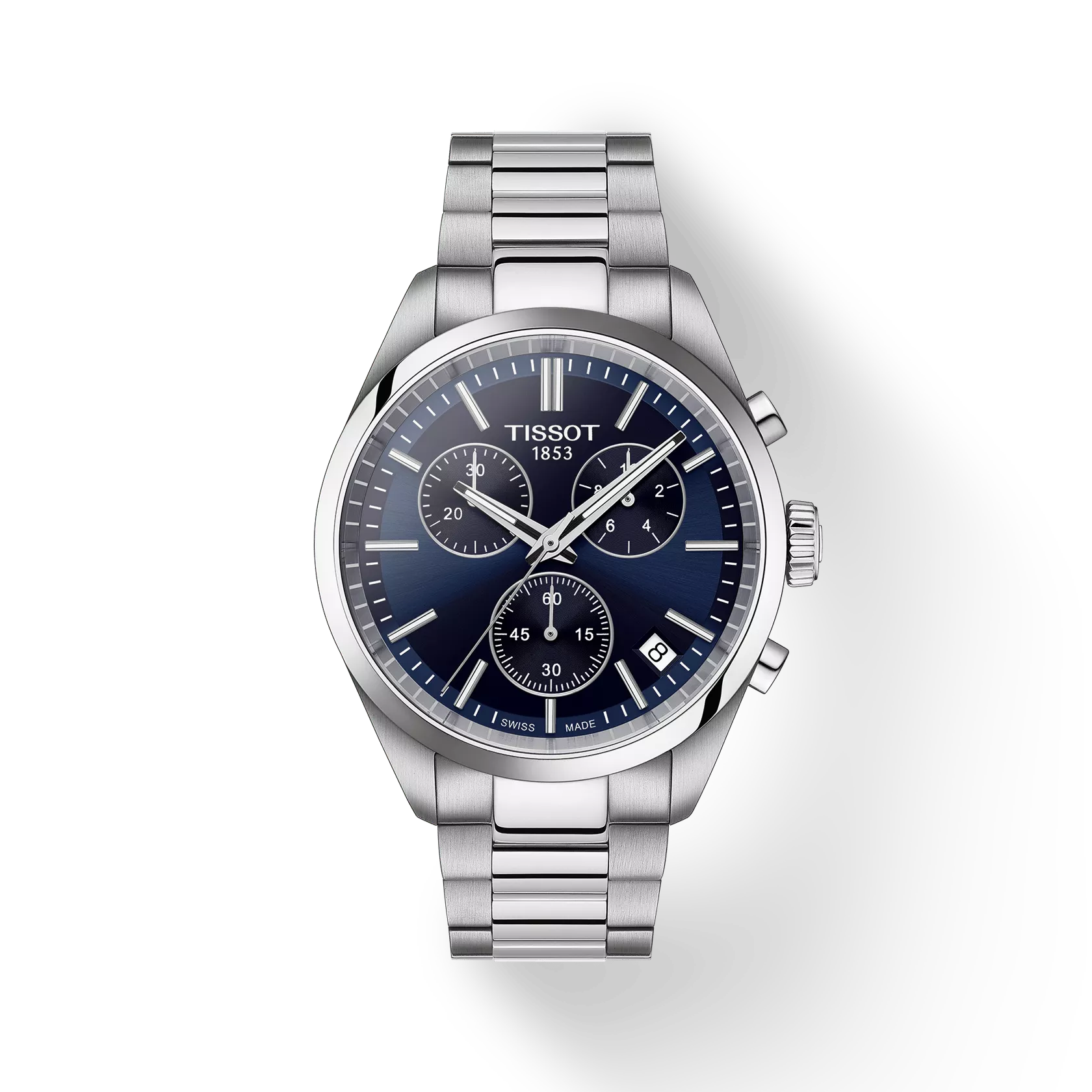 RELOJ TISSOT PR 100, CUARZO, ESFERA AZUL, BRAZALETE DE ACERO, CRONCÓGRAFO, FECHA, 40 MM