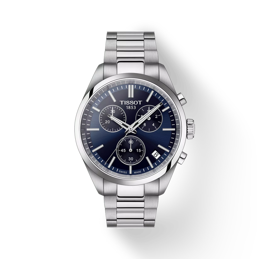 RELOJ TISSOT PR 100, CUARZO, ESFERA AZUL, BRAZALETE DE ACERO, CRONCÓGRAFO, FECHA, 40 MM