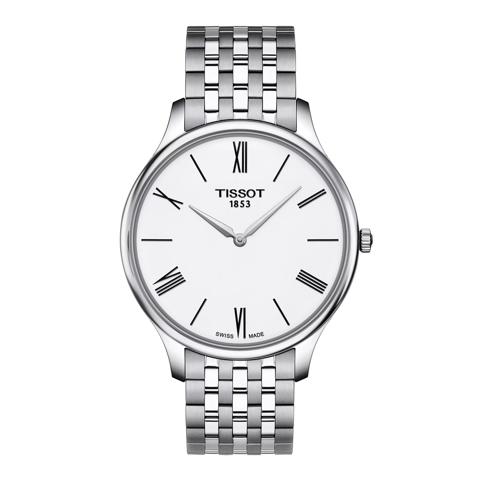 RELOJ TISSOT TRADITION 5.5, CUARZO, ESFERA BLANCA, BRAZALETE DE ACERO, 39 MM