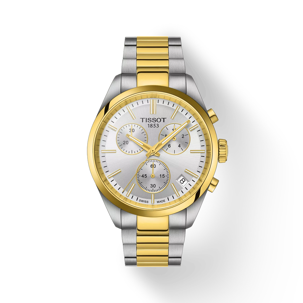 RELOJ TISSOT PR 100, CUARZO, ESFERA GRIS, BRAZALETE DE ACERO, CRONÓGRAFO, 40 MM