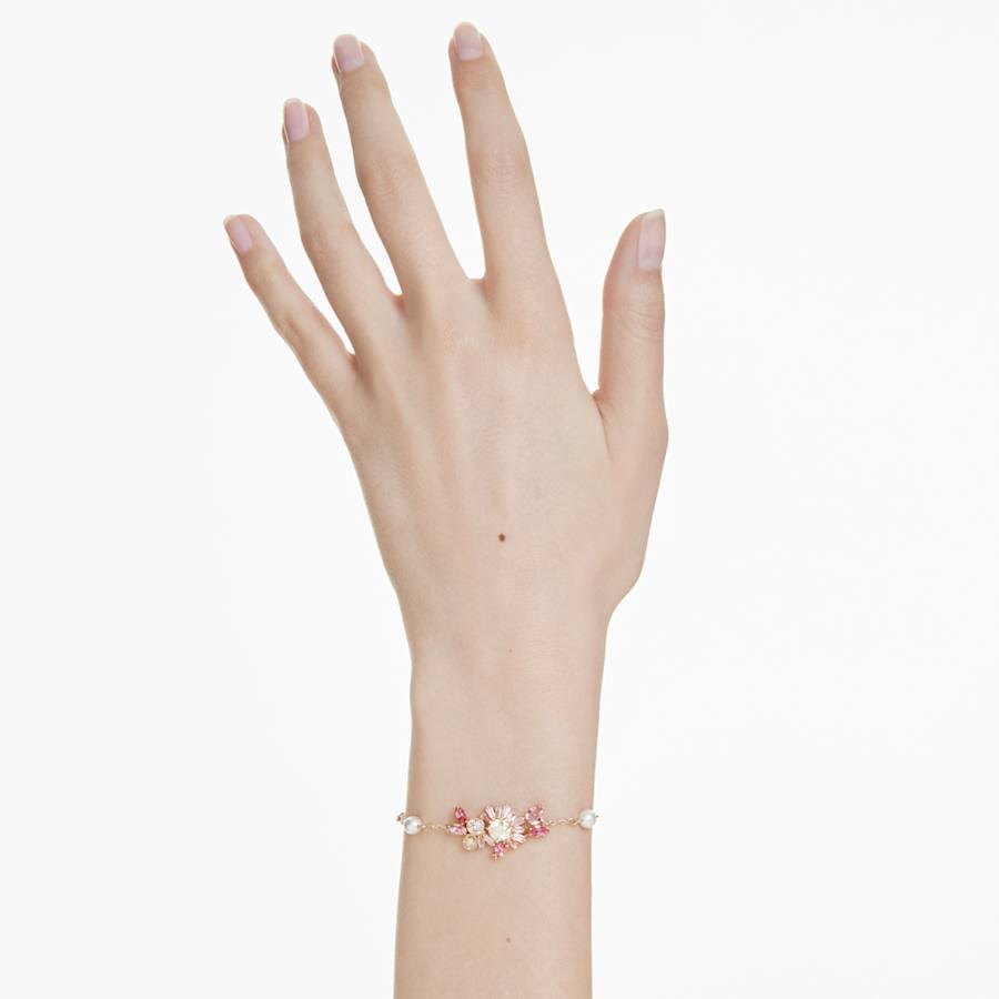 PULSERA SWAROVSKI GEMA CRYSTAL PEARLS, TALLAS MIXTAS, FLOR, ROSA, BAÑO TONO ORO, TALLA M