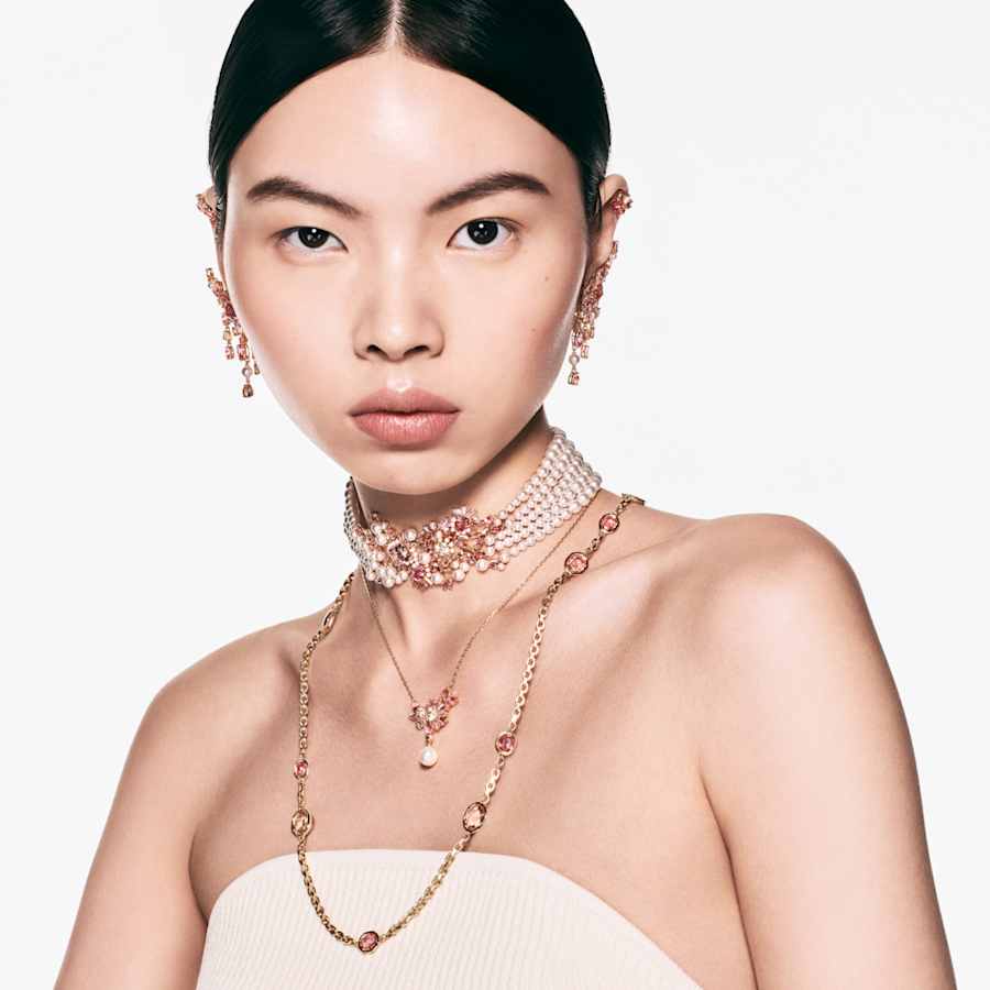 ARETES SWAROVSKI GEMA TALLAS MIXTAS, FLOR, ROSAS, BAÑO TONO ORO