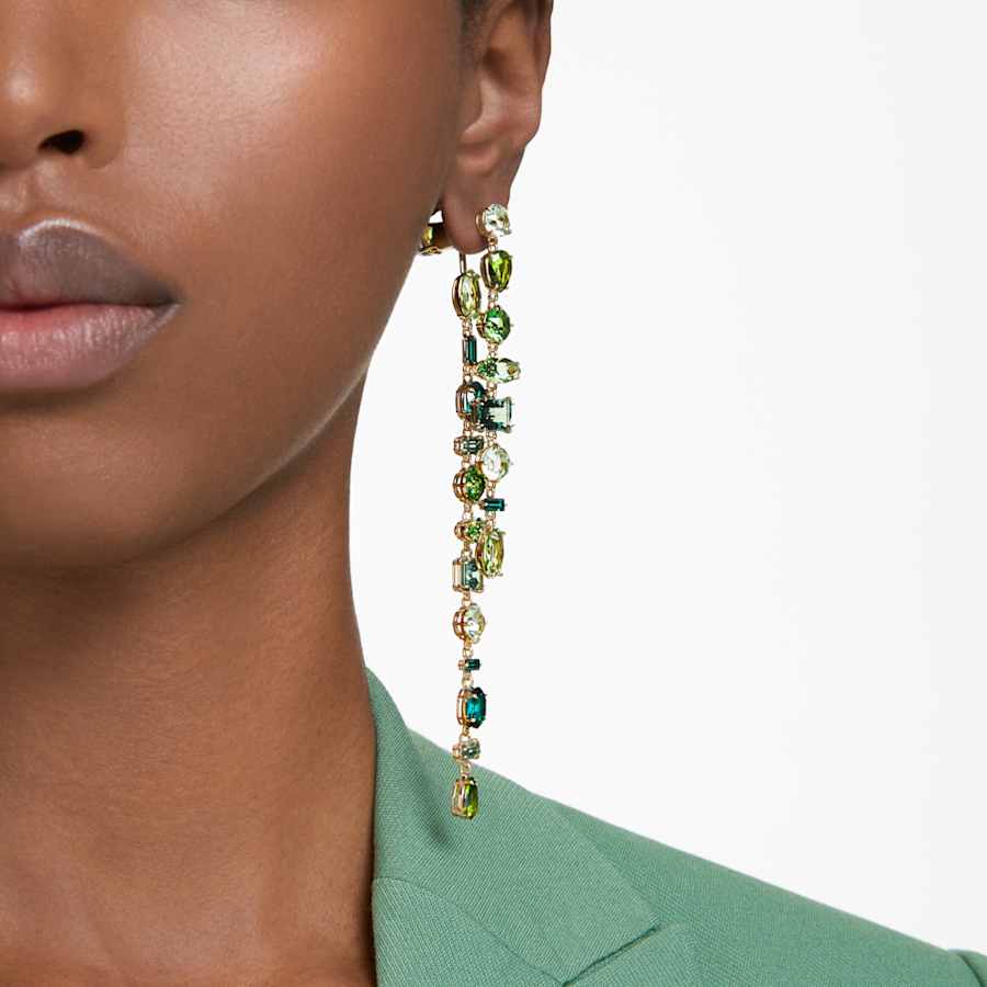ARETES SWAROVSKI GEMA, DISEÑO JACKET, VERDE, BAÑO TONO ORO