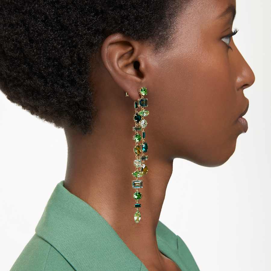 ARETES SWAROVSKI GEMA, DISEÑO JACKET, VERDE, BAÑO TONO ORO
