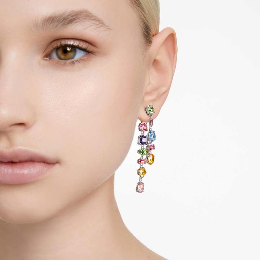 ARETES SWAROVSKI GEMA, DISEÑO JACKET, CRISTAL, BAÑO DE RODIO