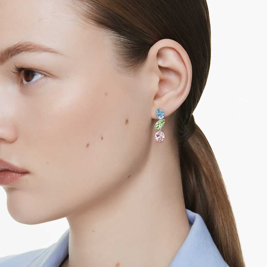 ARETES SWAROVSKI GEMA, DISEÑO DROP, MULTICOLOR, BAÑO DE RODIO