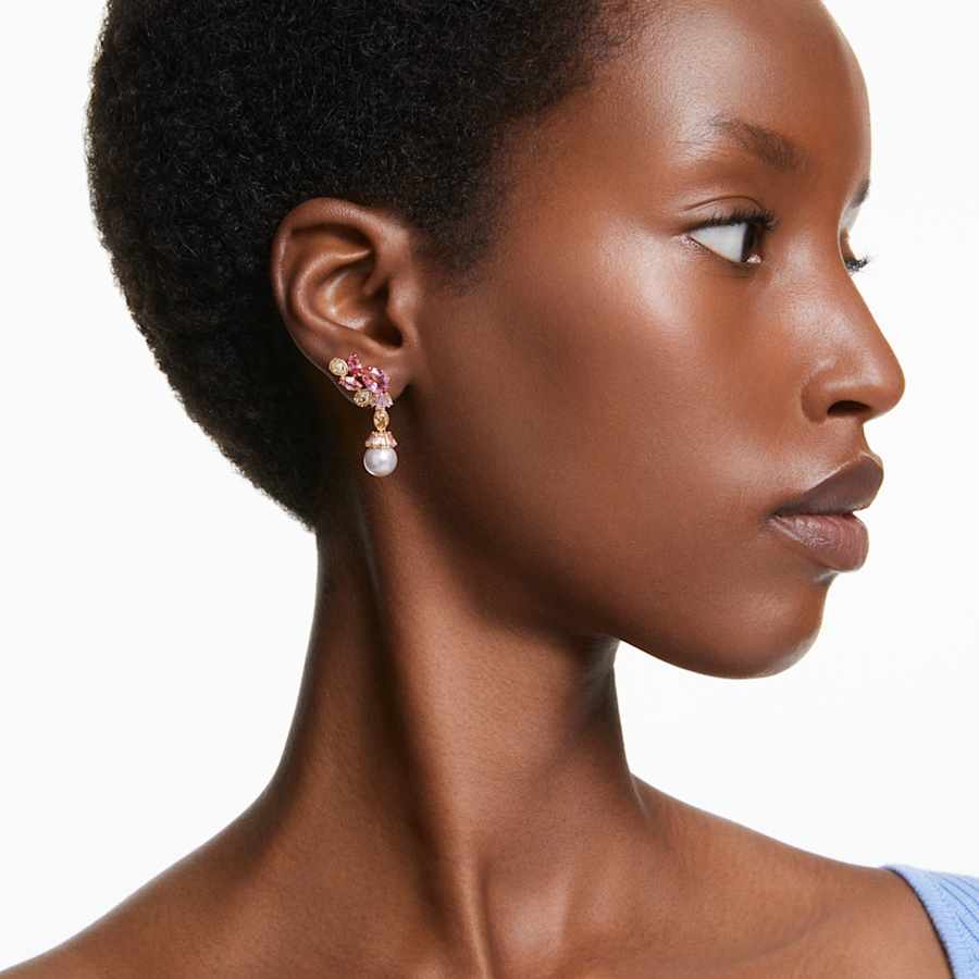 ARETES SWAROVSKI GEMA TALLAS MIXTAS, CRYSTAL PEARLS, FLOR, ROSAS, BAÑO TONO ORO