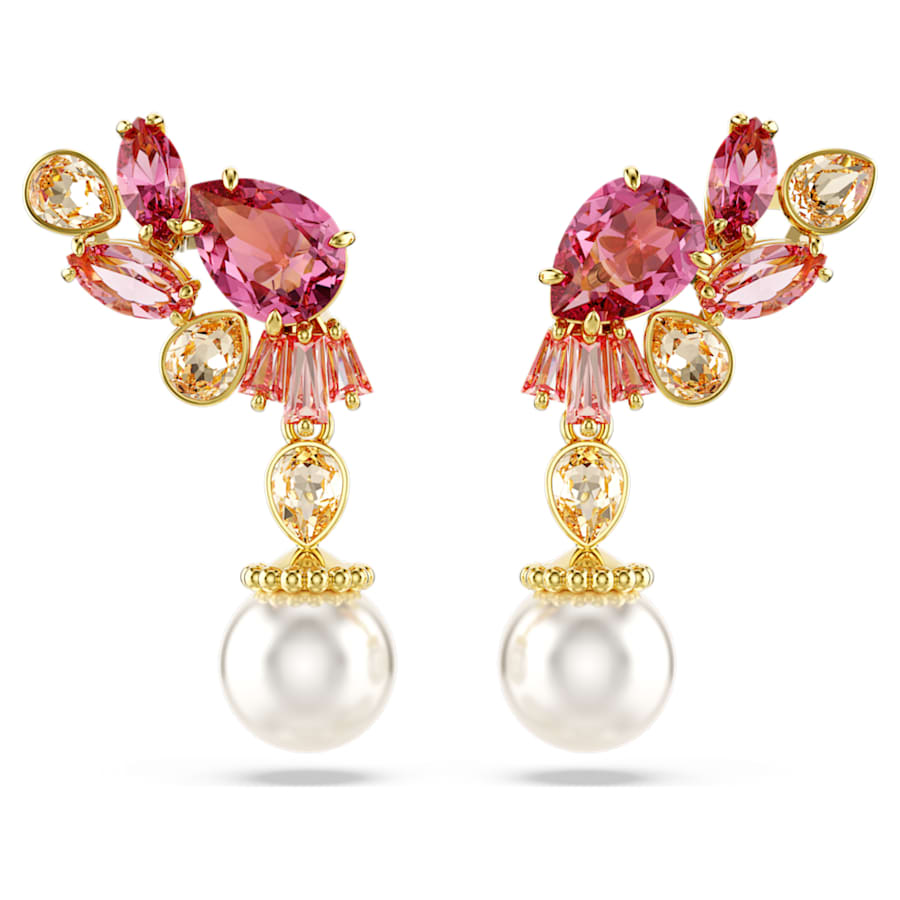 ARETES SWAROVSKI GEMA TALLAS MIXTAS, CRYSTAL PEARLS, FLOR, ROSAS, BAÑO TONO ORO