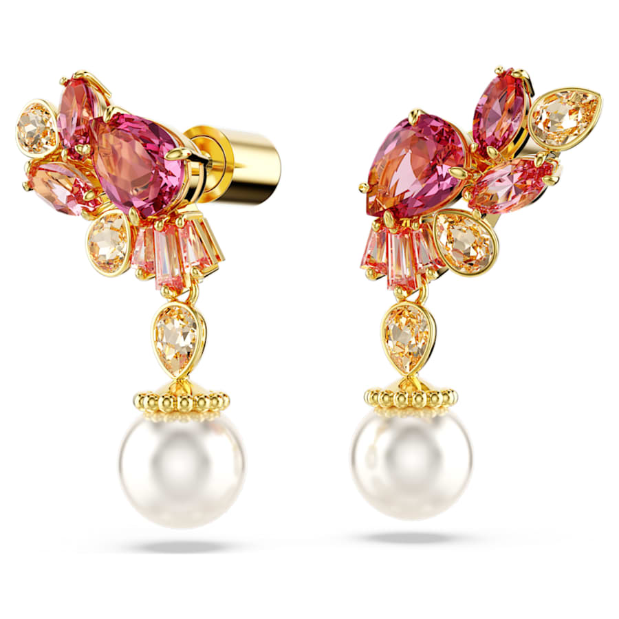 ARETES SWAROVSKI GEMA TALLAS MIXTAS, CRYSTAL PEARLS, FLOR, ROSAS, BAÑO TONO ORO