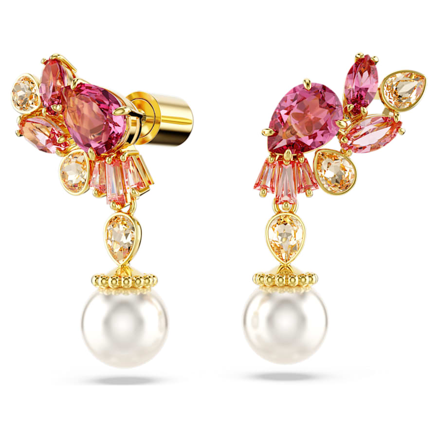 ARETES SWAROVSKI GEMA TALLAS MIXTAS, CRYSTAL PEARLS, FLOR, ROSAS, BAÑO TONO ORO