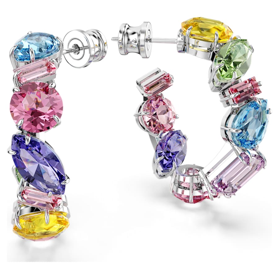 ARETES SWAROVSKI GEMA, DISEÑO MINI HOOP, MULTICOLOR, BAÑO DE RODIO