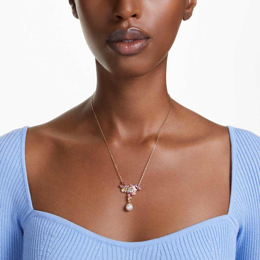 COLLAR SWAROVSKI GEMA TALLAS MIXTAS, CRYSTAL PEARL, FLOR, ROSA, BAÑO TONO ORO