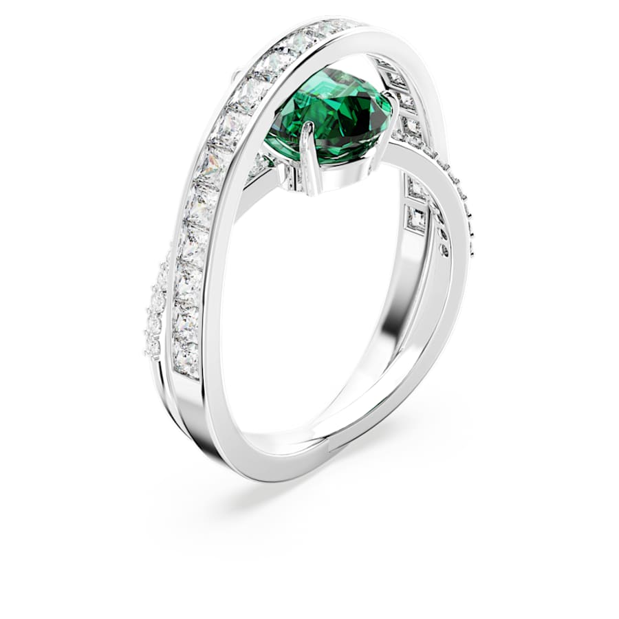 ANILLO SWAROVSKI HYPERBOLA TALLAS MIXTAS, BANDAS DOBLES, VERDE, BAÑO DE RODIO