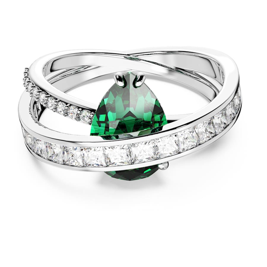 ANILLO SWAROVSKI HYPERBOLA TALLAS MIXTAS, BANDAS DOBLES, VERDE, BAÑO DE RODIO