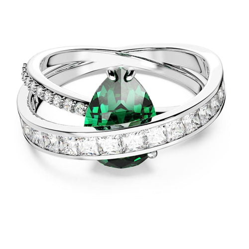 ANILLO SWAROVSKI HYPERBOLA TALLAS MIXTAS, BANDAS DOBLES, VERDE, BAÑO DE RODIO
