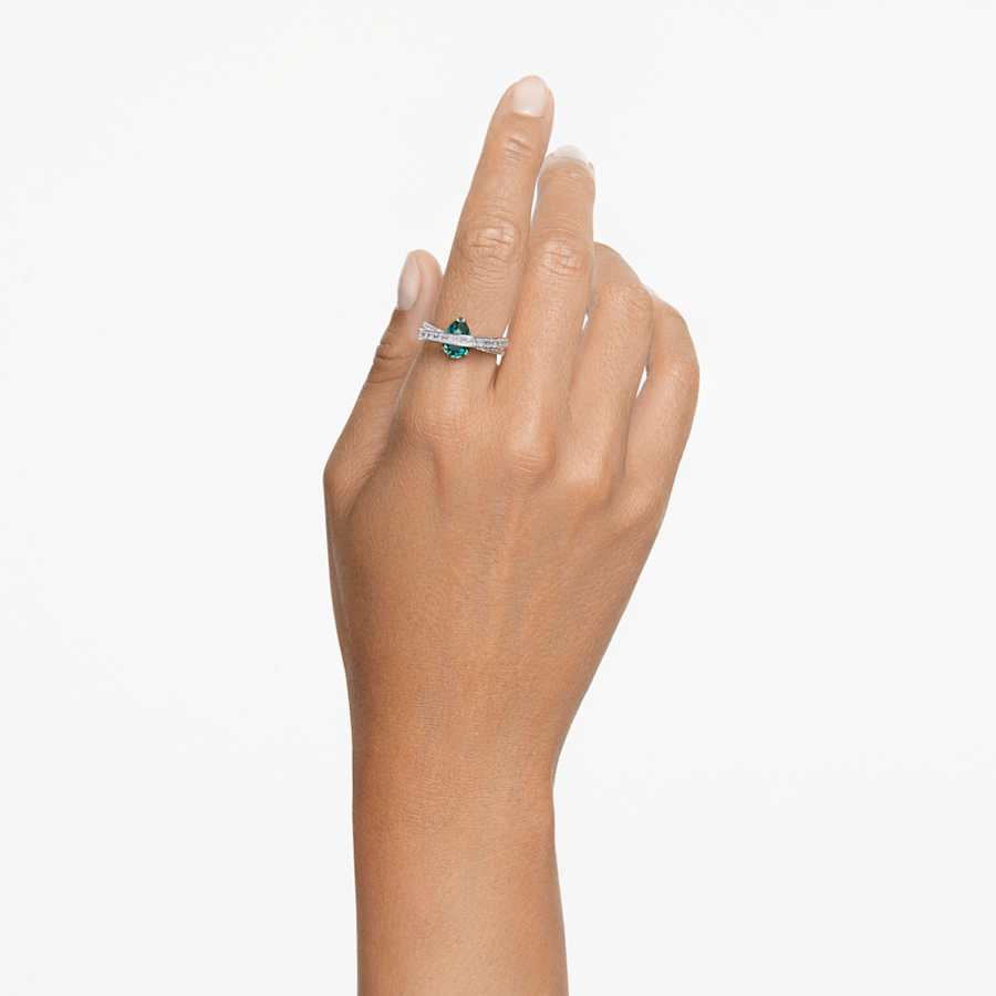 ANILLO SWAROVSKI HYPERBOLA TALLAS MIXTAS, BANDAS DOBLES, VERDE, BAÑO DE RODIO