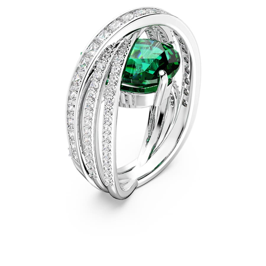 ANILLO SWAROVSKI HYPERBOLA COCKTAIL CORTES MIXTOS, VUATRO BANDAS, VERDE,  BAÑO DE RODIO, TALLA 52