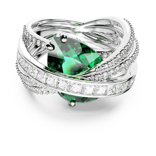 ANILLO SWAROVSKI HYPERBOLA COCKTAIL CORTES MIXTOS, CUATRO BANDAS, VERDE, BAÑO DE RODIO