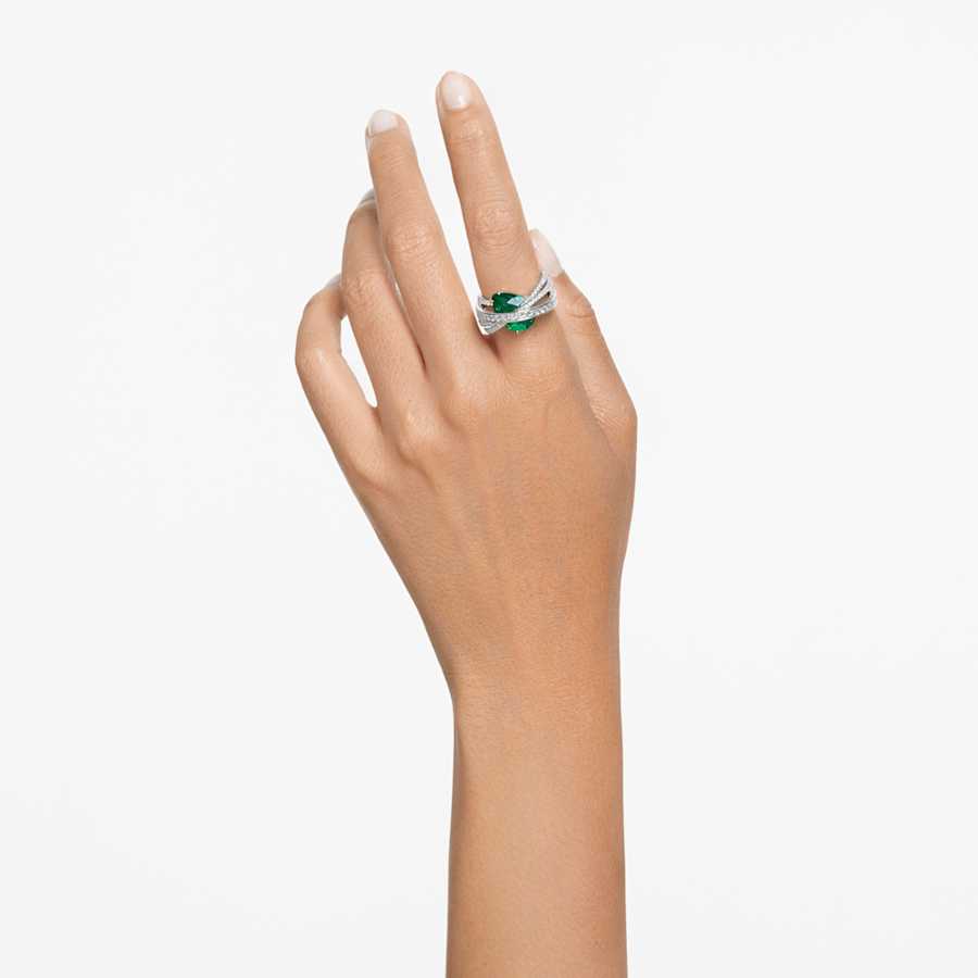 ANILLO SWAROVSKI HYPERBOLA COCKTAIL CORTES MIXTOS, CUATRO BANDAS, VERDE, BAÑO DE RODIO