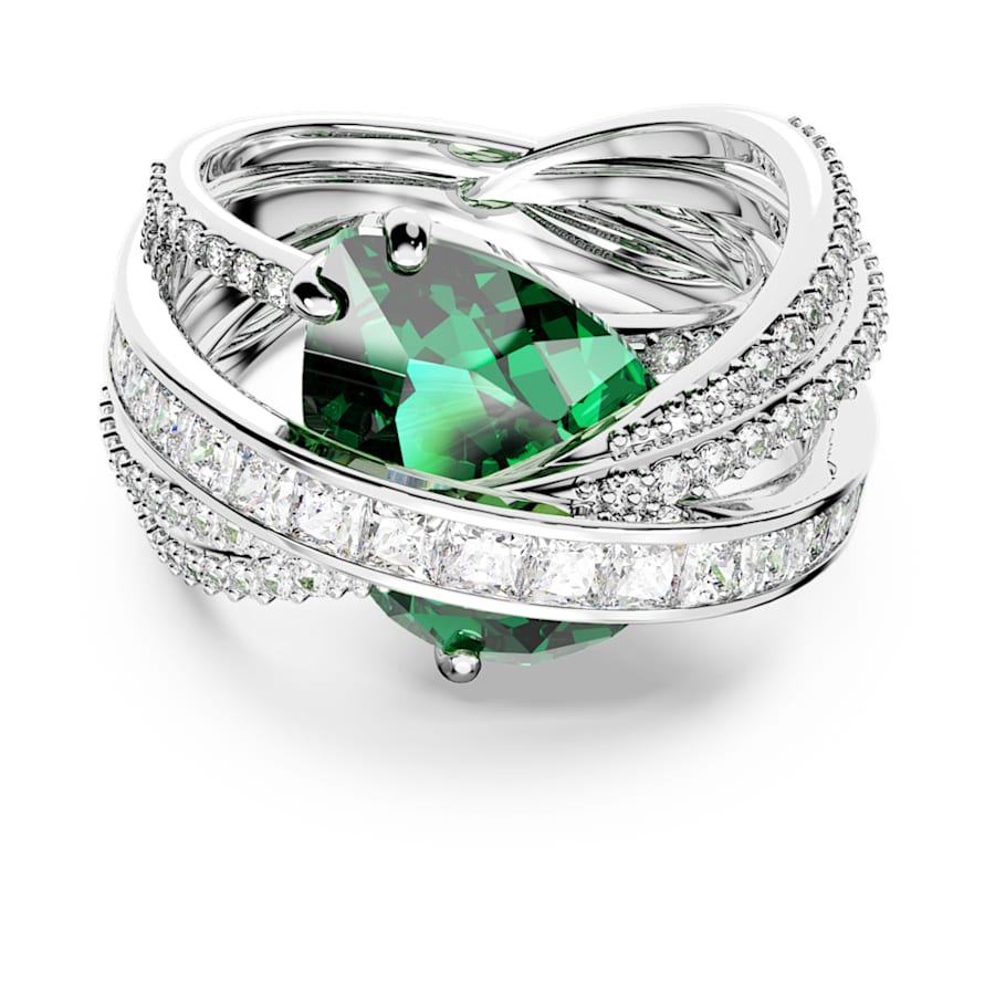 ANILLO SWAROVSKI HYPERBOLA COCKTAIL CORTES MIXTOS, VUATRO BANDAS, VERDE,  BAÑO DE RODIO, TALLA 52