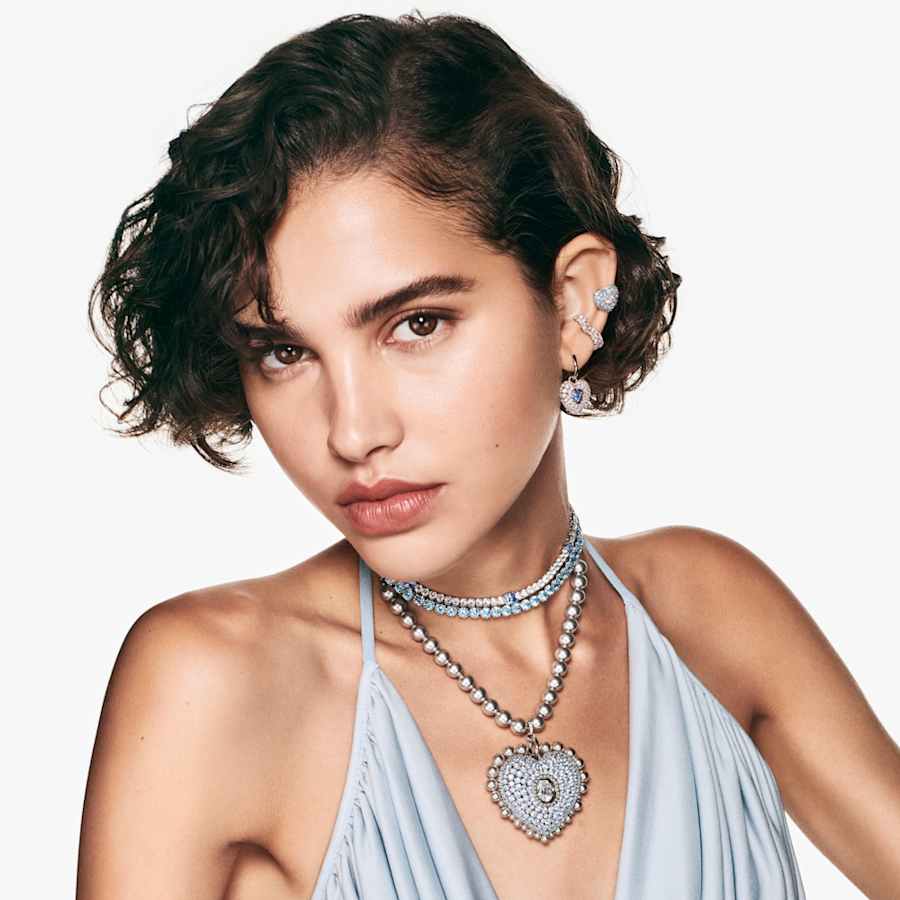 ARETES SWAROVSKI HYPERBOLA CORAZCÓN, AZULES, BAÑO DE RODIO