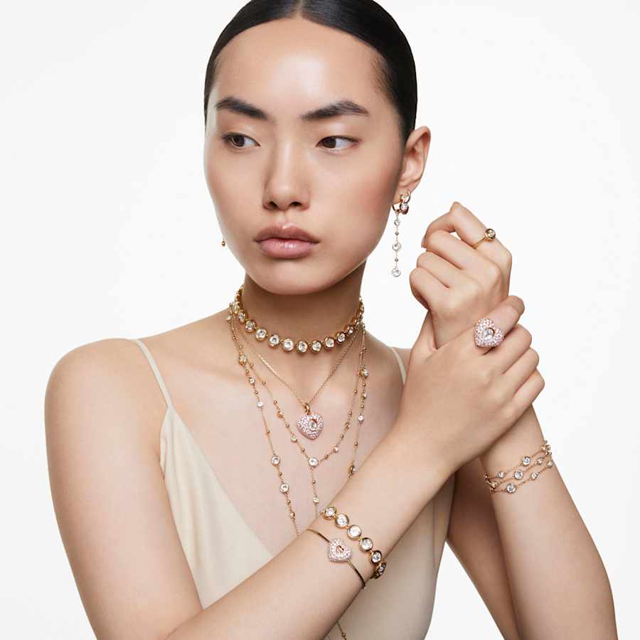 ANILLO SWAROVSKI IDYLLIA TALLA OCTOGONAL, CRYSTAL PEARLS, CORAZCÓN, ROSA, BAÑO TONO ORO