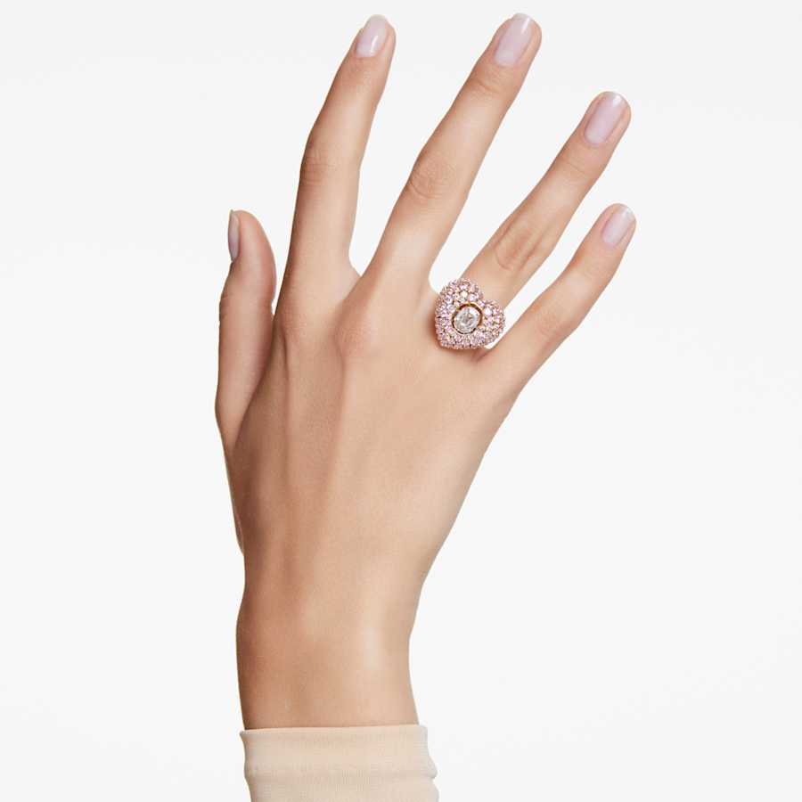 ANILLO SWAROVSKI IDYLLIA TALLA OCTOGONAL, CRYSTAL PEARLS, CORAZCÓN, ROSA, BAÑO TONO ORO