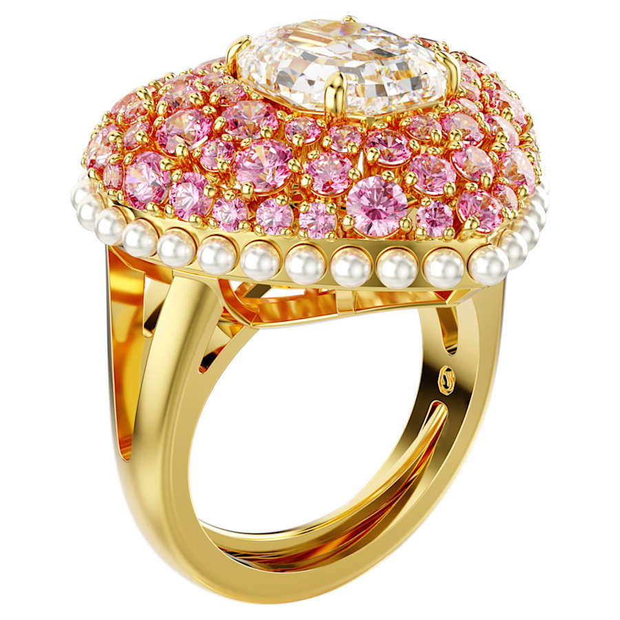 ANILLO SWAROVSKI  IDYLLIA TALLA OCTOGONAL, CRYSTAL PEARLS, CORAZCÓN, ROSA, BAÑO TONO ORO, TALLA 50-55