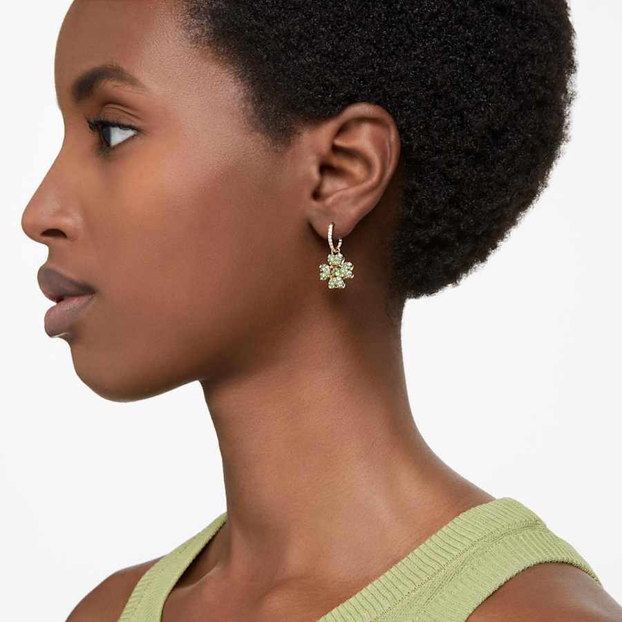 ARETES SWAROVSKI IDYLLIA, MINI HOOP TRÉBOL, VERDE, BAÑO TONO ORO