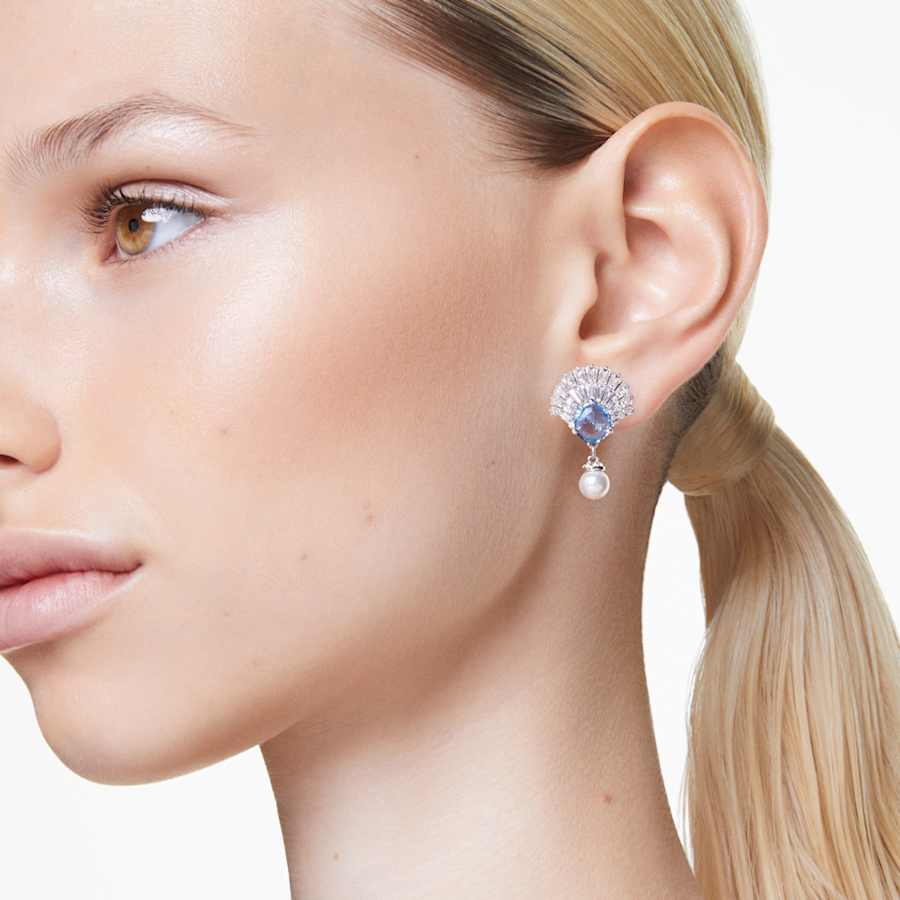 ARETES SWAROVSKI IDYLLIA CRYSTAL PEARLS, CONCHA DE MAR, AZULES, BAÑO DE RODIO