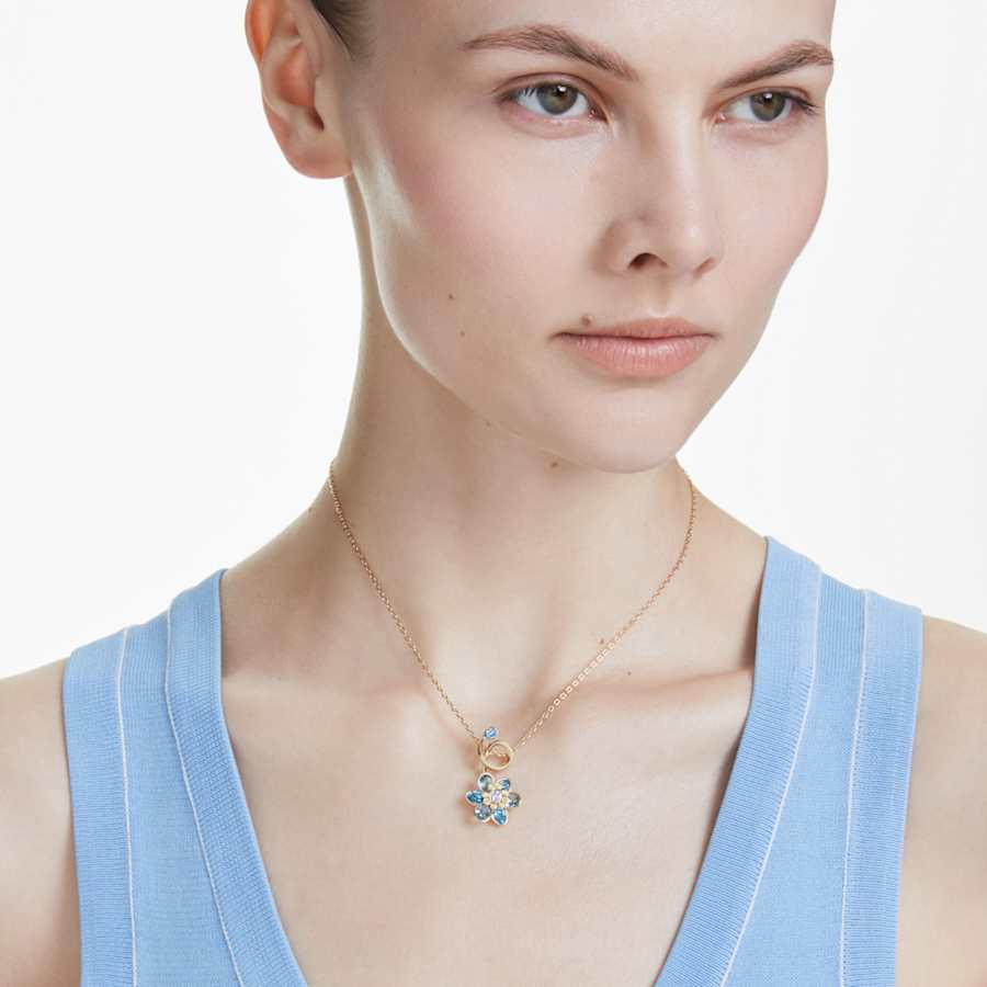 COLLAR SWAROVSKI IDYLLIA TALLAS MIXTAS, FLOR, AZUL, BAÑO TONO ORO