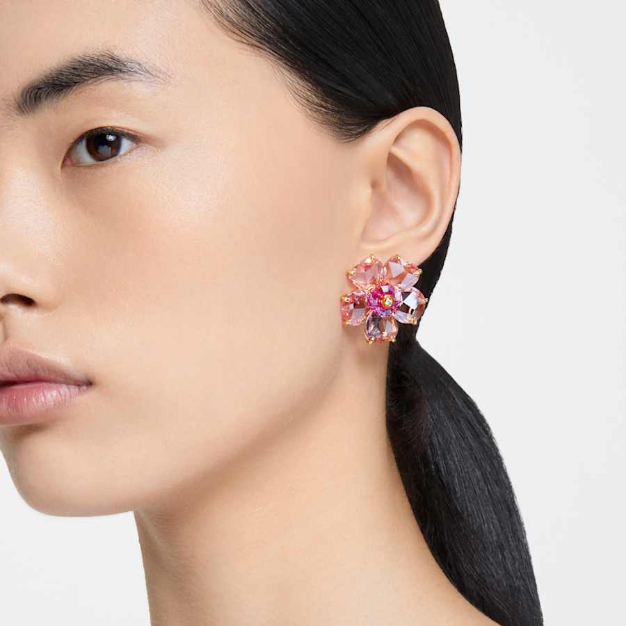 ARETES SWAROVSKI IDYLLIA FLOR, ROSAS, BAÑO TONO ORO